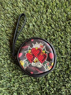 Ed Hardy Y2K Rhinestone Hearts Love Round Coin Purse Wristlet Tattoo Art